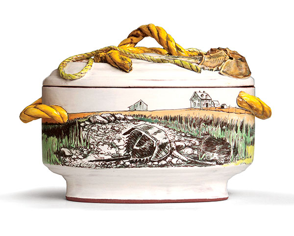 1 Horseshoe Crab’s World, 13 in. (33 cm) in length, terra cotta, slip, engobe, glaze, 2014. 