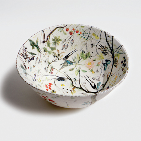 14 Maria Valcheva’s Savage Garden, 9 in. (23 cm) in width, wheel-thrown Southern Ice porcelain, reliefs, drawings, fired to 2345°F (1285°C), 2021.