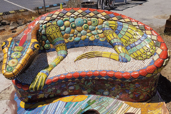 8 Aileen Barr and Colette Crutcher’s Lizzie, 8 ft. (2.4 m) in length, handmade tile and mosaic seating, Visitacion Valley Elementary School, San Francisco, 2019. 