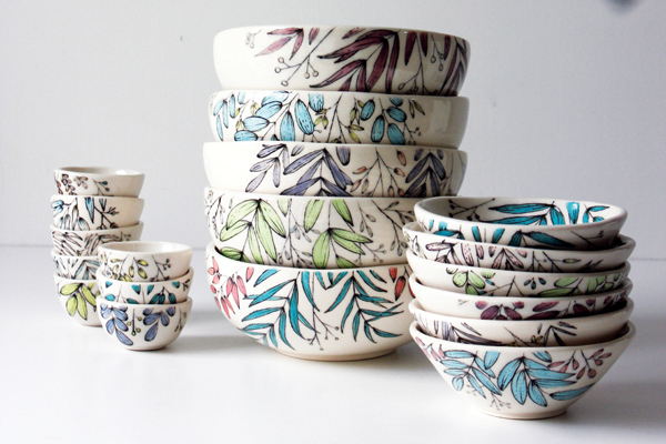 Bowls, 6¾ in. (17 cm) in diameter, stoneware, underglaze, glaze, fired to cone 6. 