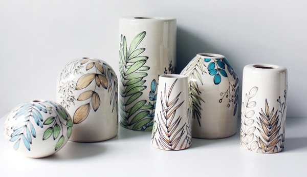 1 Vases, stoneware, underglaze, glaze, fired to cone 6.