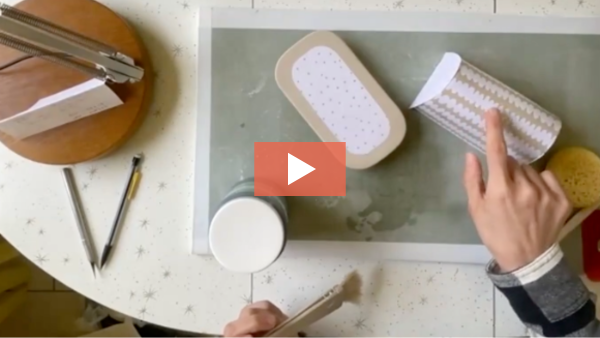 Images of Adrienne Eliades demonstrating her underglaze stenciling technique for pottery.