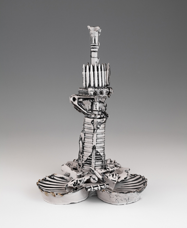 5 American Pickle: Black & White, 16 in. (40 cm) in height, porcelain and black porcelain, slip-cast, press-molded, and handbuilt from castings of bullets taken from AR 15 rifle natural shells.