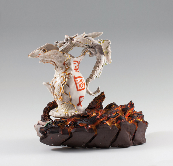 1 Fly Knit Dragon Ewer, 12 in. (30 cm) in length, handbuilt, sprig-molded porcelain and black earthenware, 2014. Photo: Robert Hunter.