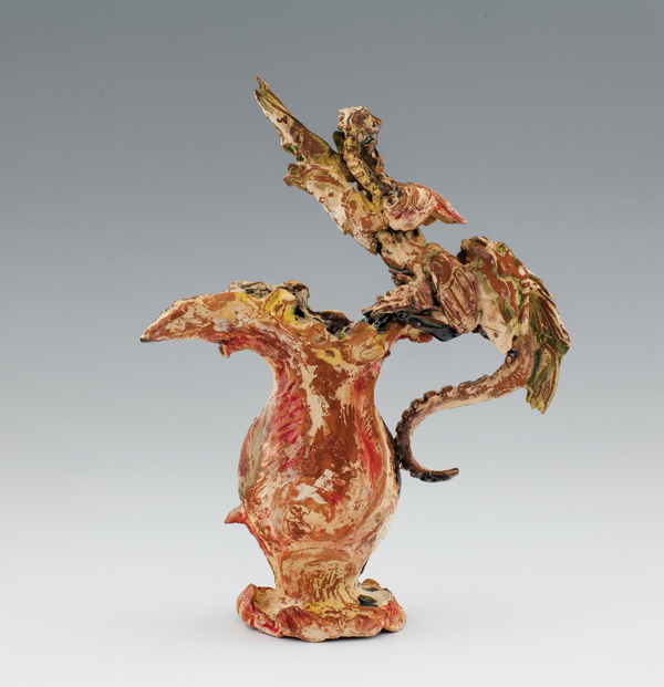 6 Superfly Dragon Ewer, 11 in. (28 cm) in height, handbuilt and sprig-molded indigenous Virginia clays, 2014. Photo: Robert Hunter.