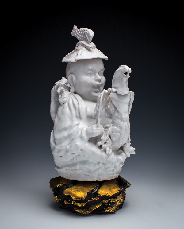 2 Flyknit Buddha, 12 in. (30 cm) in height, Thrown and hand modeled using silicon-rubber, sprig-molded relief taken from Nike 2012 Olympic trainers, 2014. Collection of Lois Wagner.