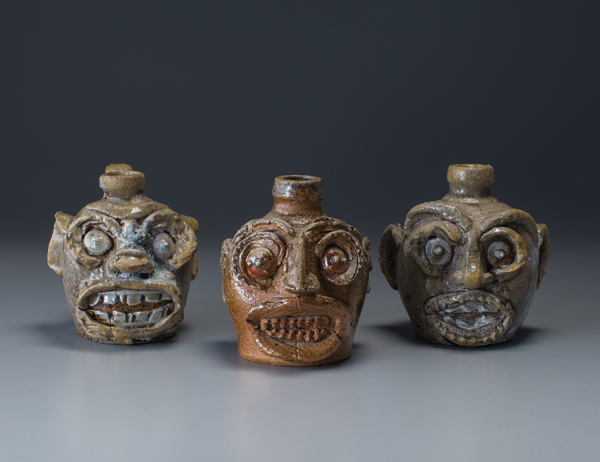3 Fly Face Jugs group, 5 in. (13 cm) in height, made using indigenous North Carolina clays and kaolin and fired in collaboration with master wood-fire potter David Stuempfle, 2014.