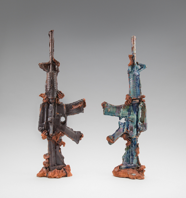 4 Ormolu Guns, 31 in. (79 cm) in height, porcelain and indigenous Virginia earthenwares, 2015. Photo: Gavin Ashworth NY. Collection of Nicholas Schorsch Jr.