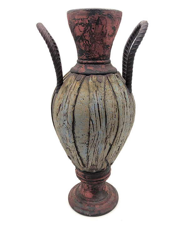 4 Pedro Centeno’s Textured Vessel 2, 17 in. (43 cm) in height, wheel-thrown brown stoneware, textured slab additions, terra sigillata, oxides, stains, fired to cone 6, 2019. 