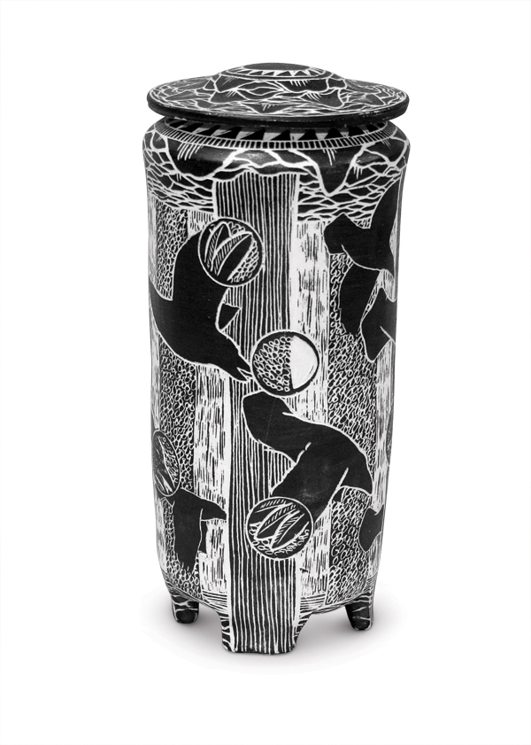 5 Perfect Vision (lidded jar), 11 in. (28 cm) in height. All pieces are wheel-thrown or handbuilt porcelain, black slip, sgraffito decoration.