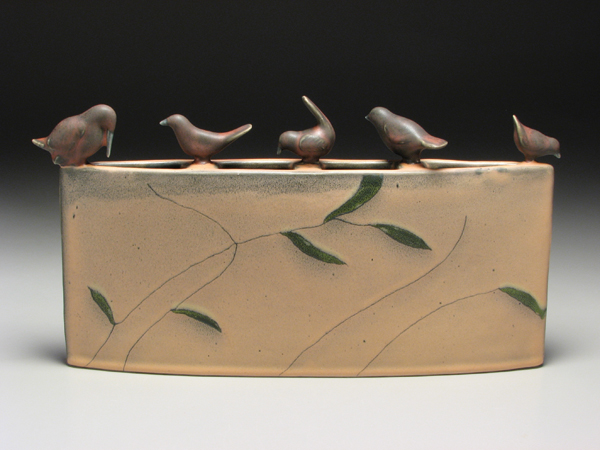 1 Vase, 14 in. (36 cm) in length, Polseno Peach and Polseno Terra Cotta with additional glazes, mid-range white casting slip, fired to cone 5 in oxidation.