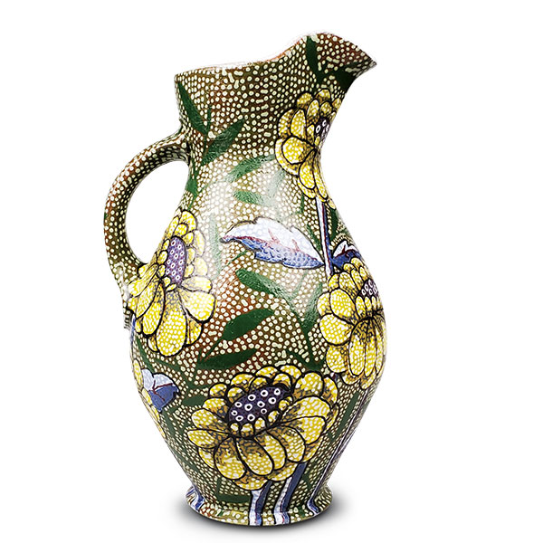 2 Matthew Schiemann’s pitcher, 14 in. (36 cm) in height, red earthenware, underglaze, glaze.