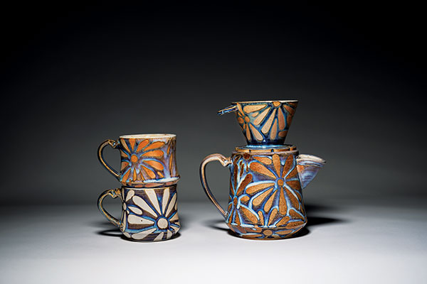 4 Heather Ossandon’s Starburst Coffee Pour Over Set, 15 in. (38 cm) in length, porcelain, stoneware, wood fired to cone 10.
