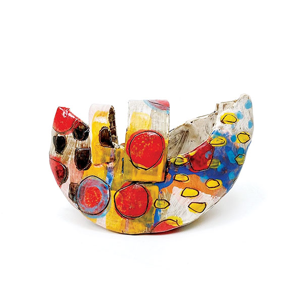 4 Rebecca Zweibel’s Splendid Carriage, 7 in. (18 cm) in length, earthen red clay, slip, terra sigillata, underglaze, wax, fired to cone 5.