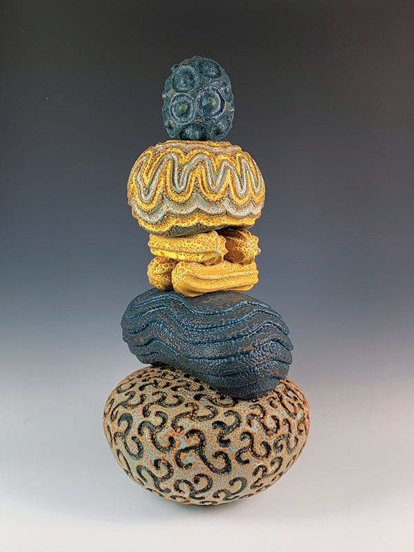1 Robert Milnes’ Queen, 31 in. (79 cm) in height, cone-04 earthenware, textured glazes, slips, epoxy, 2020.
