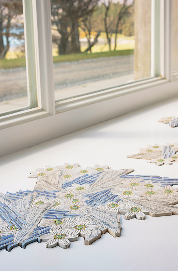 4 Patterns of Flora | Mapping Seven Raasay Habitats—Woodland, 12 in. (30 cm) in length, handbuilt inscribed ceramic, glaze, enamel decal, 2015. Photo: Ruth Clark.