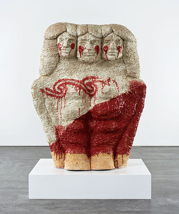8 Hey’-en, Ina, Ika (front), 58 in. (1.5 m) in height, stoneware, glaze, 2020.