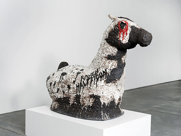 6 Quarter Horse, Quarter Indian, approximately 68 in. (1.7 m) in height, stoneware, glaze, 2020. Photo: John Berens. Courtesy of Raven Halfmoon and  Ross + Kramer. 