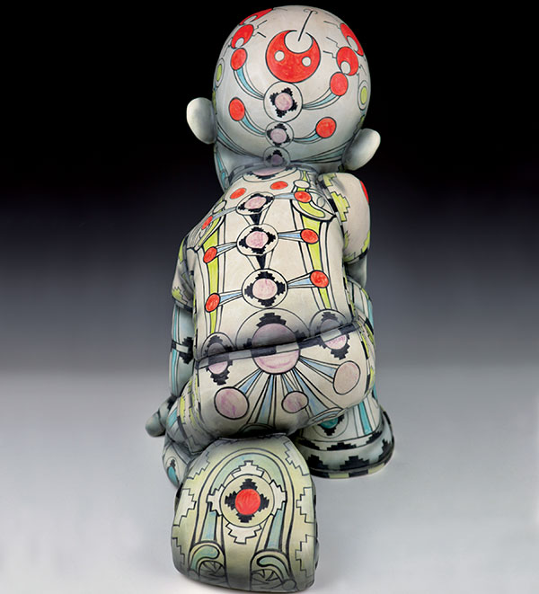 7 Zepita (alternate view), 24 in. (61 cm) in length, ceramics, underglazes, clear glaze, fired to cone 6, 2020–2021.