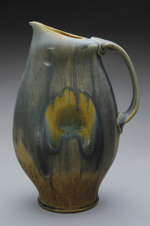 2 Oval pitcher, 12¼ in. (31 cm) in height, wheel-thrown and altered stoneware, glaze, wax resist, fired to cone 10 reduction in a gas kiln, 2017.