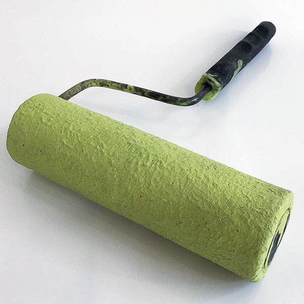 6 Tim Kowalczyk’s Walls-Chartreuse Roller, 13½ in. (34 cm) in height, handbuilt dark stoneware, underglaze, glaze, fired to cone 6 in oxidation, 2017. 