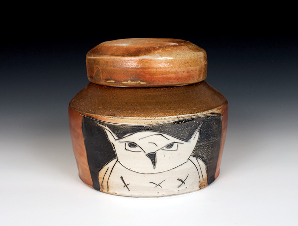 7 Matt Krousey’s horned owl jar, 12 in. (30 cm) in height, salt-fired stoneware, Newman flashing slip, white slip, glazes, fired to cone 10, 2016.