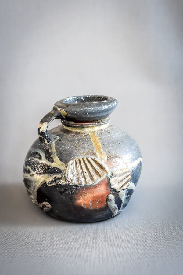 7 Bottle, 6½ in. (17 cm) in height, local clay with quartz stone, natural ash glaze, wood fired to cone 12, 2015.