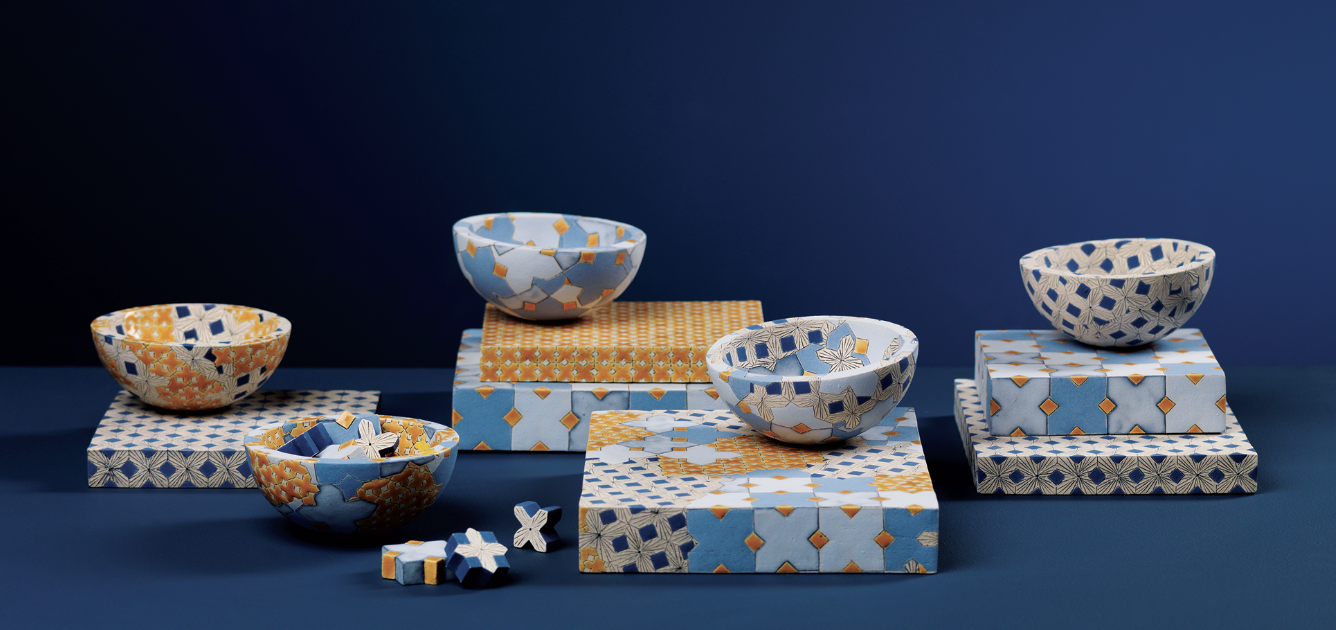 2 Vessel & Plinth | Grammar of Ornament—India, i–vi (alternate view), to 6 in. (15 cm), collection of works, handbuilt inscribed ceramic with glaze and vitreous slip 2019. Photo: Shannon Tofts.