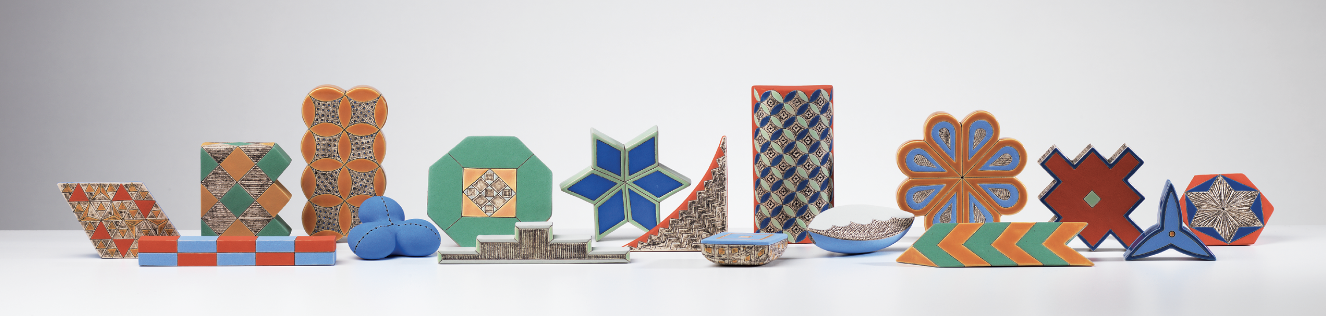 8 Collection | Grammar of Ornament—Byzantine, collection of 17 hand-scale forms, 351/2 in. (90 cm) in length, handbuilt inscribed ceramic with glaze and vitreous slip, 2020. Photo: Shannon Tofts.