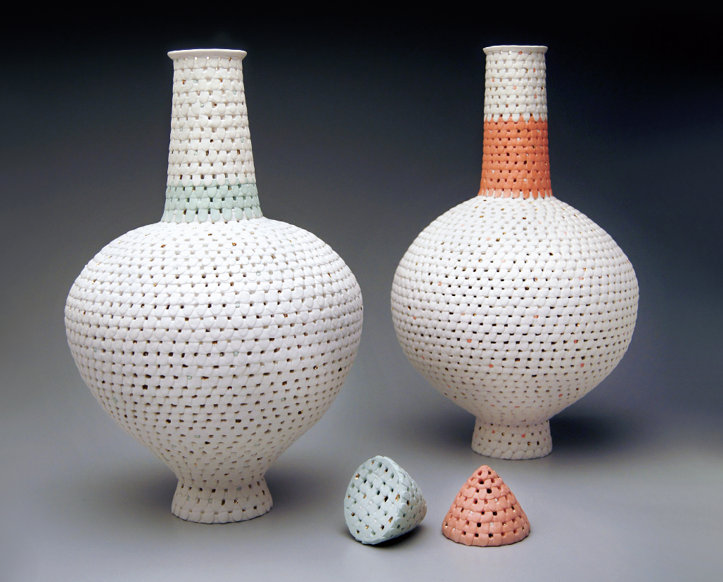 1 Breath, 20 in. (51 cm) in height, handbuilt porcelain, colored porcelain, gold luster, 2019.