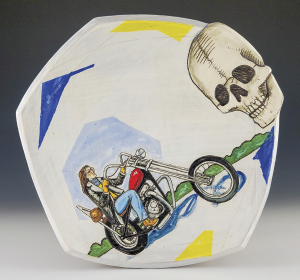1 Jessica Brandl’s platter, 15¼ in. (38.7 cm) in width, red earthenware, underglaze, glaze, fired to cone 02, 2024.