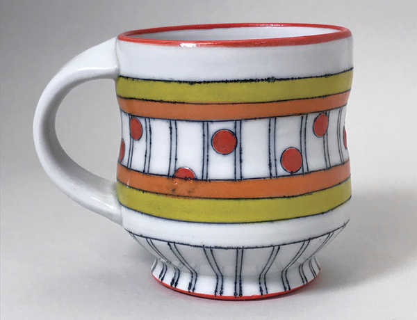 7 Mug with Red Dots and Colored Stripes, 3 in. (7.6 cm) in height, wheel-thrown porcelain, underglaze inlays, fired to cone 10.