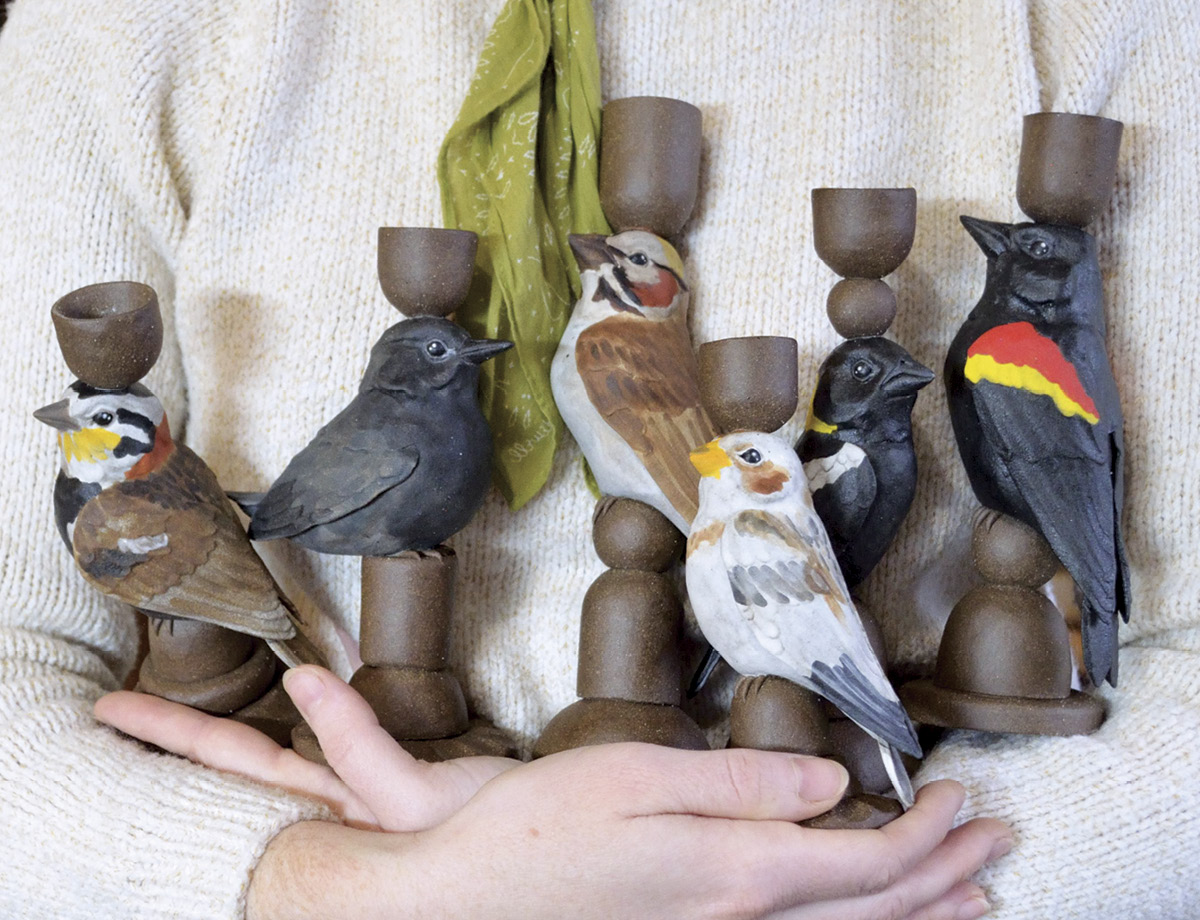 Chestnut-Collared Longspur, American Dipper, Lark Sparrow, Snow Bunting, Bobolink, and Red-Winged Blackbird Candlesticks, 6–10 in. (15.2–25.4 cm) in height, ceramic, slip, underglaze.