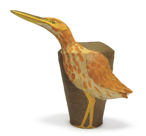 American Bittern Vessel, 14 in. (35.6 cm) in height, ceramic, slip, underglaze.