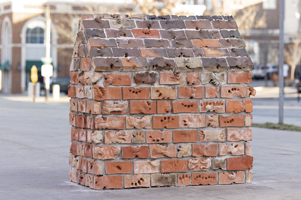 7 Courses of Action, 4 ft. (1.2 m) in length, earthenware, fired in oxidation and reduction to cone 04, mortar, plywood, cement board, steel, 2023. Photo: Aaron Paden.
