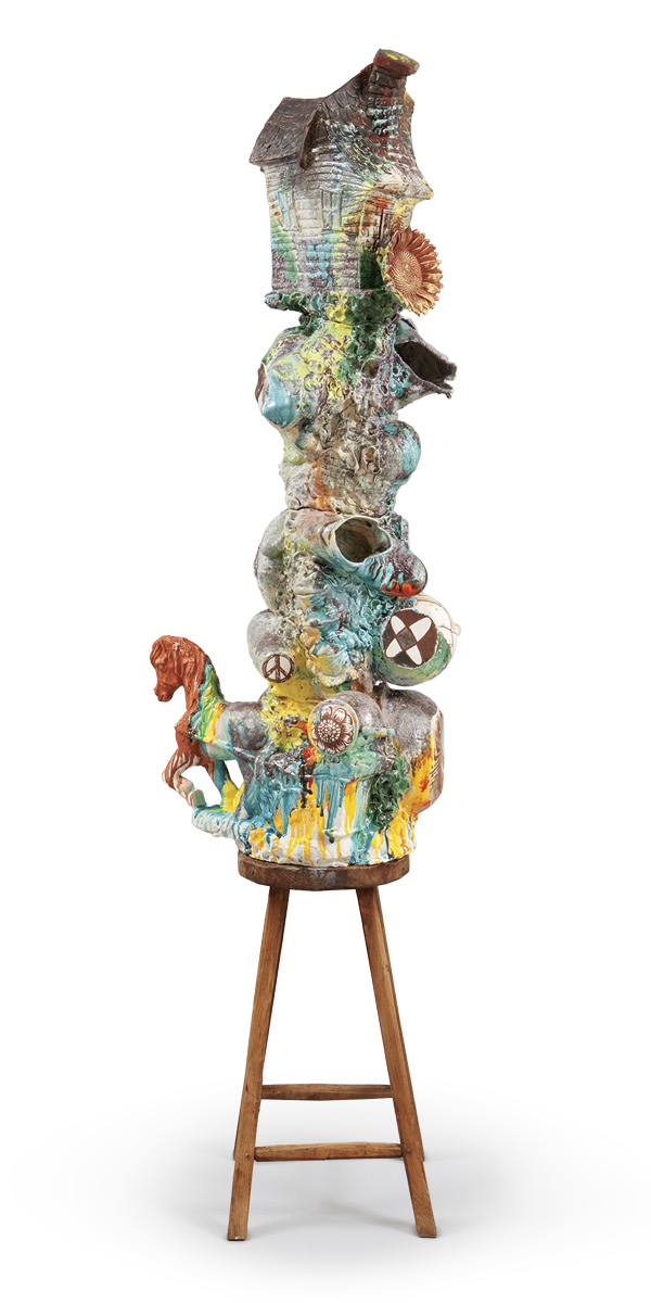 1 Michael Lucero’s Peacemaker (from the Seated Totem Series), 7 ft. 5 in. (2.3 m) in height, white earthenware, glaze, found wooden stool, 2007. Racine Art Museum, Gift of Donna Schneier and Leonard Goldberg in Honor of Davira S. Taragin.