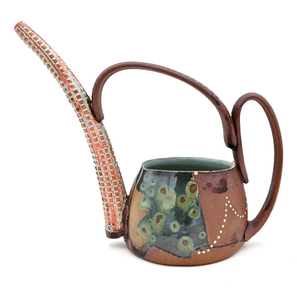 1 Dehmie Dehmlow’s pourer, 9¼ in. (23.5 cm) in height, handbuilt cone-6 red clay, underglazes, glazes, red iron oxide wash, borax wash, colored terra sigillatas.