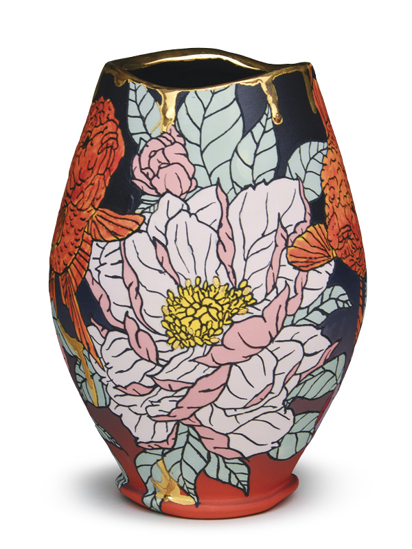 1 Michael Hall’s vase, 10 in. (25.4 cm) in height, wheel-thrown cone-6 porcelain, underglaze, glaze, 24k gold luster.