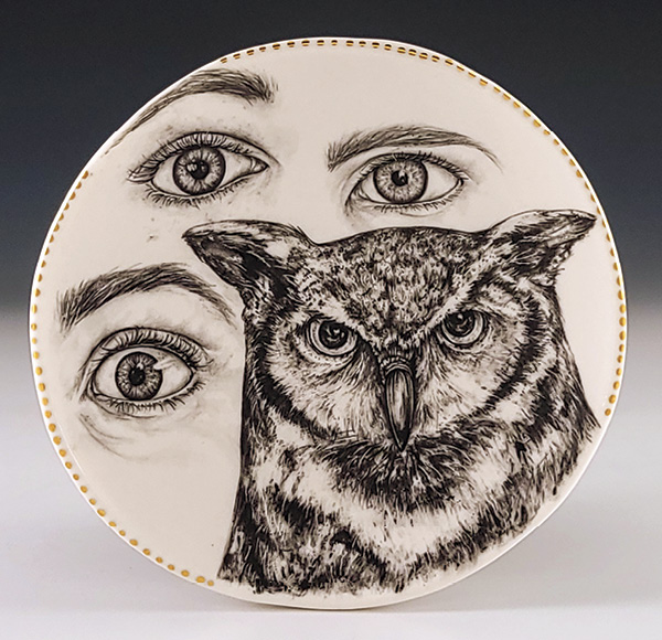 1 Mallory Wetherell’s Owl Gaze, 5½ in. (14 cm) in width, hand-painted porcelain, fired to cone 5, gold luster, 2025.