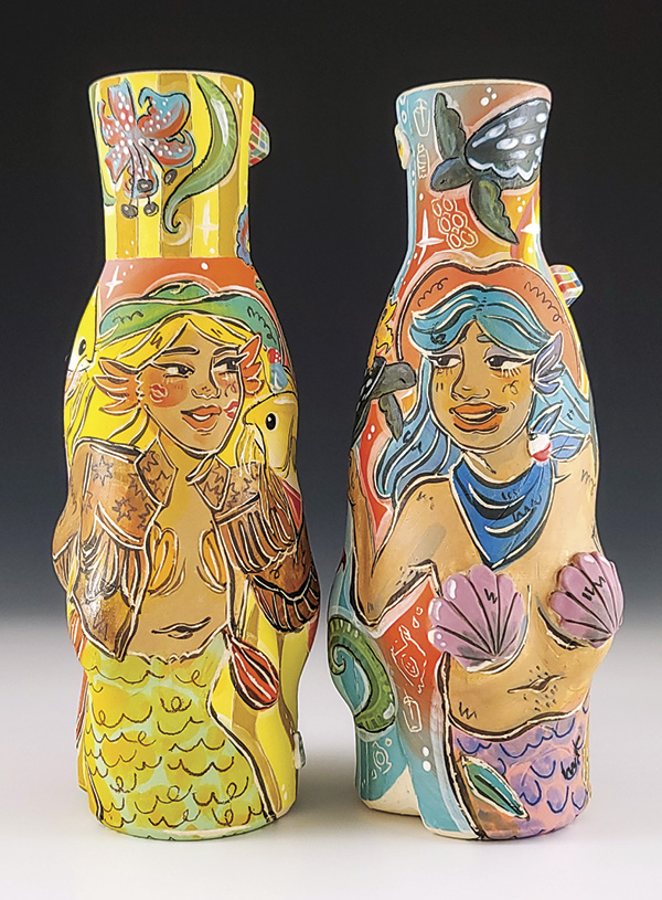 3 Anika Major and Evie Botbyl’s Cowbabe Mermaid Bottles, to 12 in. (30.5 cm) in height, white stoneware, underglazes, glaze, fired to cone 6, 2024.