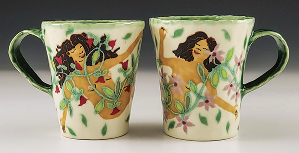 4 Marissa Y Alexander’s Figurative Mugs, to 4 in. (10.2 cm) in height, handbuilt and pinched white stoneware, various slip-trailed glazes, fired to cone 5, 2025.