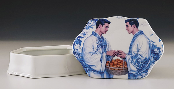 5 Adam Chau’s Generated Love: Condom Box, 6 in. (15.2 cm) in width, slip-cast porcelain, AI-generated decal, 2025.