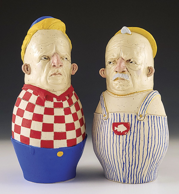 6 David Kenton Kring’s Big Bobby’s and Pop Pop’s Candy Jars, to 9½ in. (24.1 cm) in height, slip, underglaze, terra sigillata, glaze, fired to cone 5, 2025.