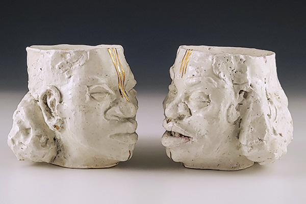 9 Marcè Nixon-Washington’s Portrait Cups, to 4½ in. (11.4 cm) in height, stoneware, gold luster, 2025.