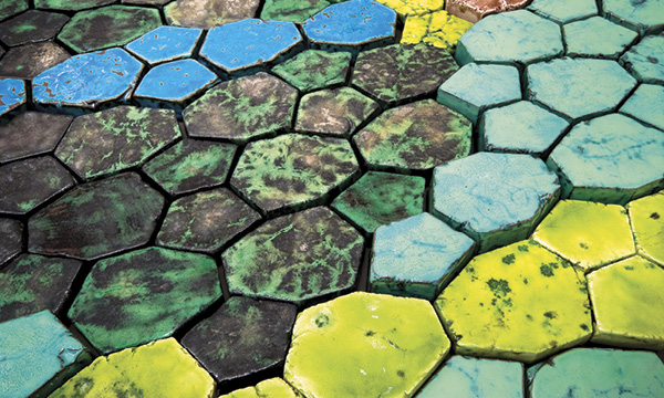 1 Cary Esser’s Landscape I (detail), press-molded fritware, Cary’s Crystal Glaze in Yellow Green and Green Black, and Marlee’s Satin Matte Deep Turquoise, fired to cone 02, 2008.