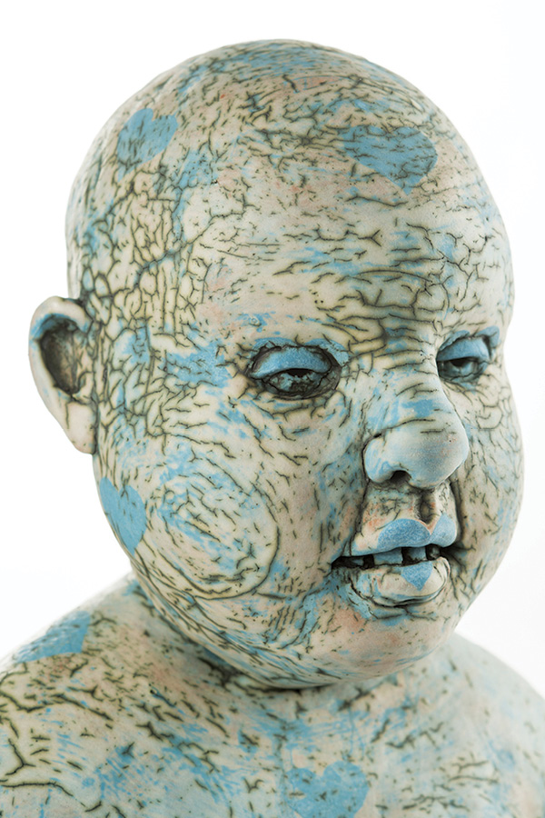 3 Tom Bartel’s Blue Figure Afflicted with Hearts (After Kouros), clay, Bartel Vitreous Slip, 2016. Photo: Ben Siegel.