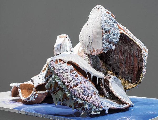 1 YehRim Lee’s Cross-Continental (con)Fusing: The Space Between Series #1, 4 ft. 2 in. (1.3 m) in length, terra cotta, Pyrometric Cone Glaze, cone 04 glaze, multiple firings, resin, 2017.