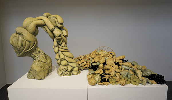 9 Misty Gamble's Buff Brahma, 25 in. (63.5 cm) in height, ceramic, metal, faux fruit, 2023. Photo: Rolando Santos