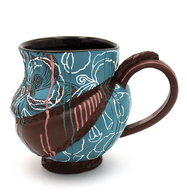 3 Magnolia mug, 5½ in. (14 cm) in width, brown stoneware, fired to cone 5 in an electric kiln, 2020.