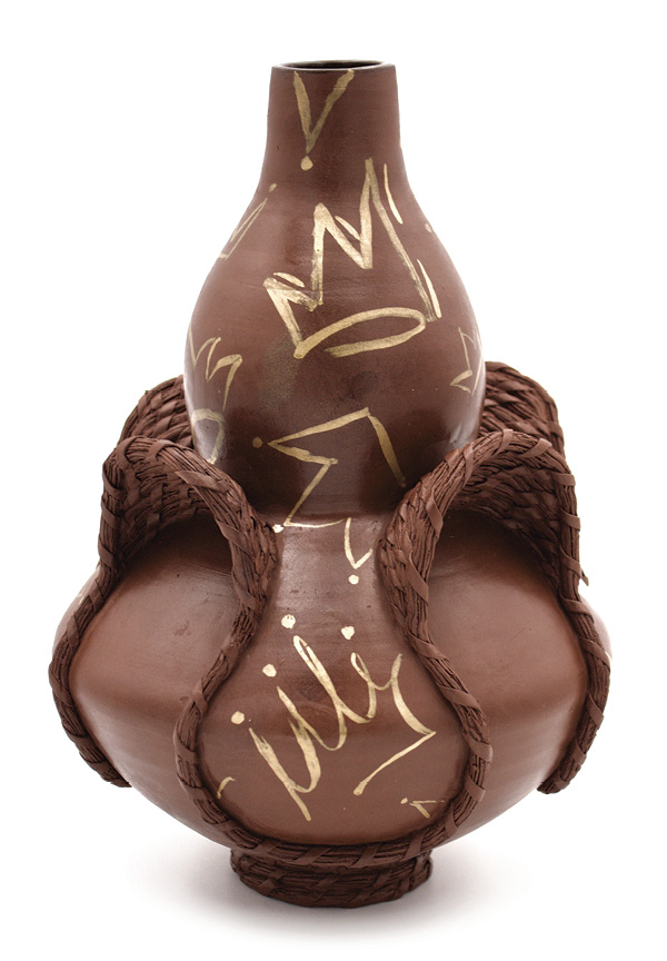 4 A Nation When Black Excellence Won’t Be Denied #7, 11½ in. (29 cm) in height, brown stoneware, fired to cone 5 in an electric kiln, gold luster, 2021.
